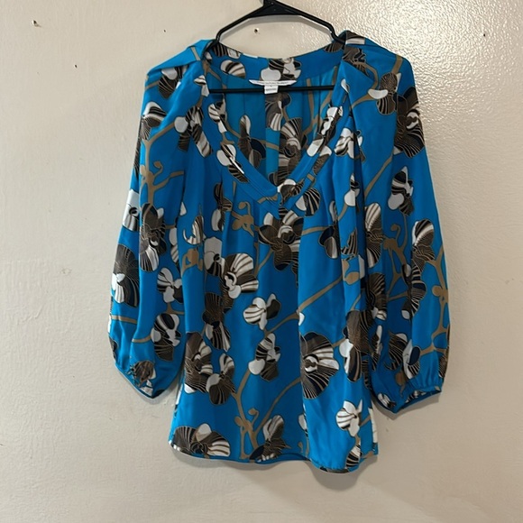 Diane von Furstenberg  SilkTurquoise Blouse w/ Puff Sleeve & Orchid Pattern - Picture 2 of 12